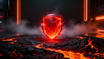Cyber security concept. 3D glowing digital shield with padlock icon representing data protection on futuristic blurred technology background. Internet safety and network defense concept.