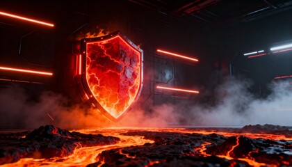 Cyber security concept. 3D glowing digital shield with padlock icon representing data protection on futuristic blurred technology background. Internet safety and network defense concept.