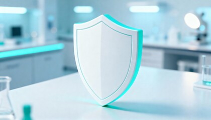 Cyber security concept. 3D glowing digital shield with padlock icon representing data protection on futuristic blurred technology background. Internet safety and network defense concept.