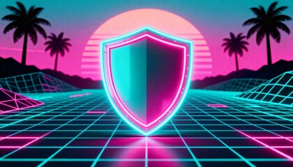 Cyber security concept. 3D glowing digital shield with padlock icon representing data protection on futuristic blurred technology background. Internet safety and network defense concept.