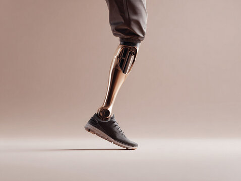 Conceptual shot of a sleek, golden prosthetic leg with modern design, showcasing innovation and human augmentation. Symbolizes strength, resilience, and future tech.