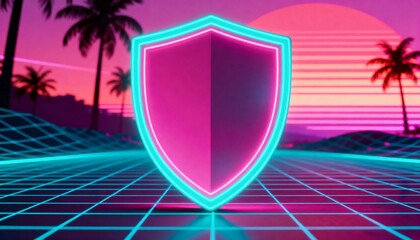 Cyber security concept. 3D glowing digital shield with padlock icon representing data protection on futuristic blurred technology background. Internet safety and network defense concept.
