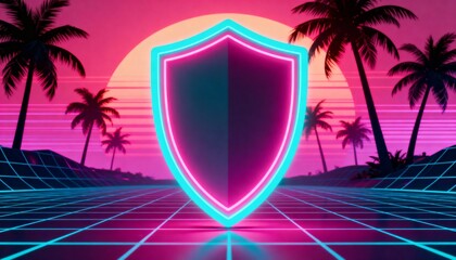 Cyber security concept. 3D glowing digital shield with padlock icon representing data protection on futuristic blurred technology background. Internet safety and network defense concept.
