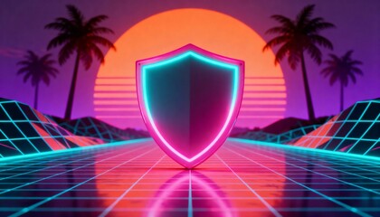 Cyber security concept. 3D glowing digital shield with padlock icon representing data protection on futuristic blurred technology background. Internet safety and network defense concept.