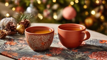 Botanical table runner with terracotta mugs and herbal tea arrangement
