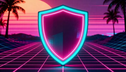 Cyber security concept. 3D glowing digital shield with padlock icon representing data protection on futuristic blurred technology background. Internet safety and network defense concept.