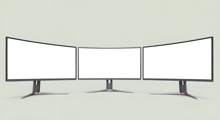 Curved Screen Monitors Triple Display Mockup Beige Background Copy Space