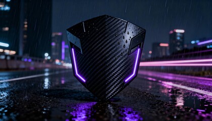 Cyber security concept. 3D glowing digital shield with padlock icon representing data protection on futuristic blurred technology background. Internet safety and network defense concept.