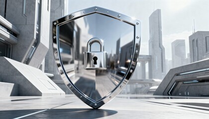Cyber security concept. 3D glowing digital shield with padlock icon representing data protection on futuristic blurred technology background. Internet safety and network defense concept.