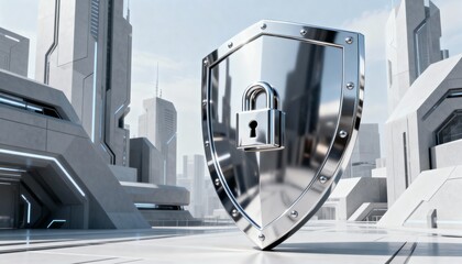 Cyber security concept. 3D glowing digital shield with padlock icon representing data protection on futuristic blurred technology background. Internet safety and network defense concept.
