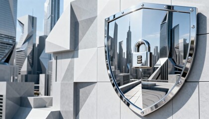 Cyber security concept. 3D glowing digital shield with padlock icon representing data protection on futuristic blurred technology background. Internet safety and network defense concept.