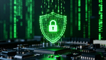 Cyber security concept. 3D glowing digital shield with padlock icon representing data protection on futuristic blurred technology background. Internet safety and network defense concept.