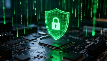 Cyber security concept. 3D glowing digital shield with padlock icon representing data protection on futuristic blurred technology background. Internet safety and network defense concept.