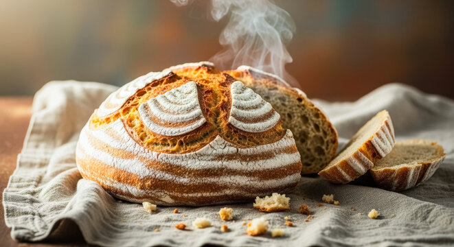 Freshly baked sourdough bread lies on the table covered with a cloth.