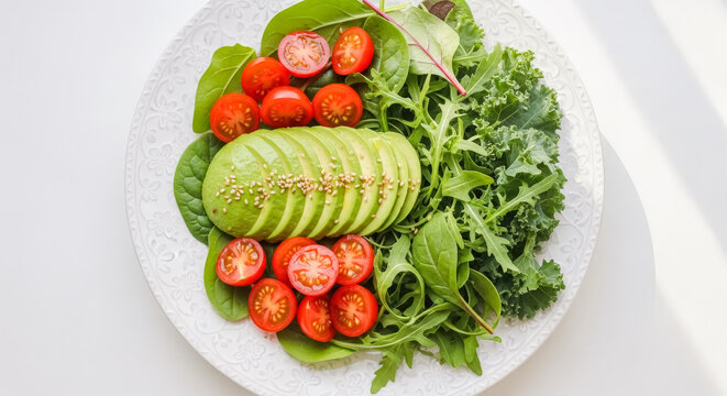 fresh avocado and tomato salad flat lay