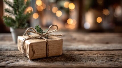 kraft paper gift wrapped with twine and spruce beside wooden table