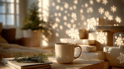 snowflake light show in modern living room with coffee and journal