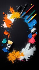 Art supplies including brushes and colorful paint splatters are arranged on a black background, suggesting creativity and artistic expression.