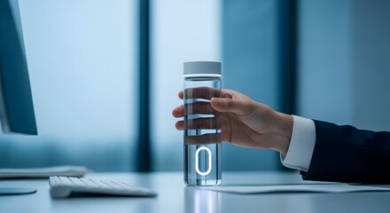Hand holding smart water bottle with led tracking display on office desk with copy space for hydration technology concept
