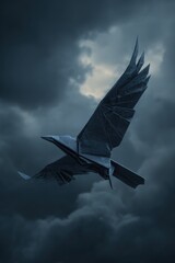 Origami Raven Soaring Through Stormy Skies in Dramatic Gothic Scene
