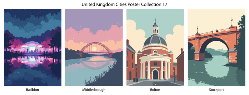 Basildon, Middlesbrough, Bolton, Stockport Flat Vector Poster Collection