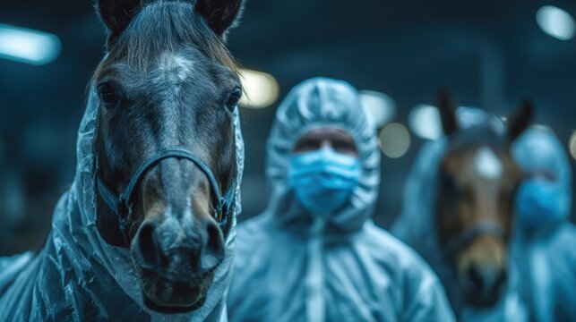 Veterinarians in protective suits and face masks caring for horses in a clinical stable environment under blue artificial lighting