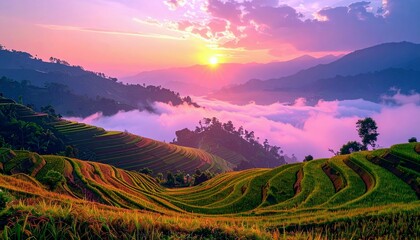 A breathtaking sunrise illuminates rolling hills covered in vibrant green terraced rice fields, with a misty valley below and a sky painted in shades of pink an