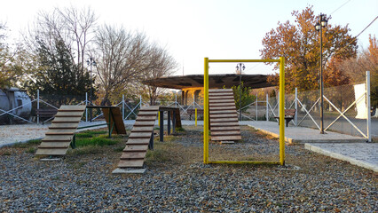 Open air dog agility park with ramps, hurdles, and autumn trees in warm sunset light, showcasing an inviting training environment.