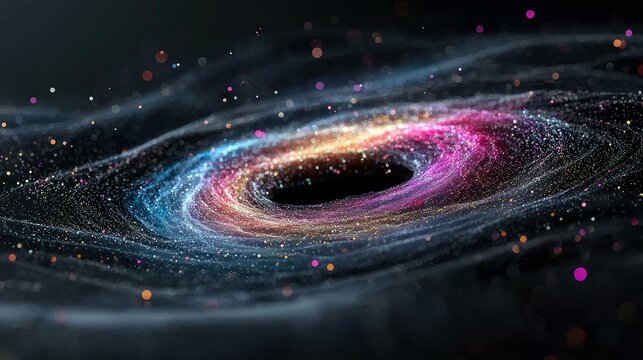 A cosmic vortex of colorful particles and light swirls around a dark central void, evoking a sense of deep space and cosmic phenomena.