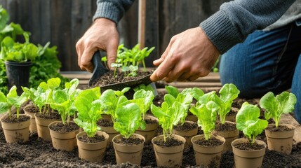 A gardener tends to young plants in a sunny spring garden, preparing soil and planting seedlings to cultivate a homegrown food crop