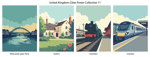 Newcastle upon Tyne, Sutton, Swindon, Crawley Flat Vector Poster Collection