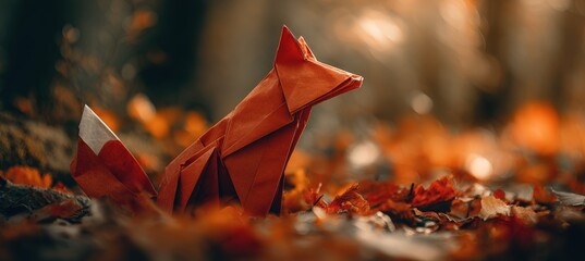 Origami Fox in Autumn Leaves with Cinematic Warm Tone