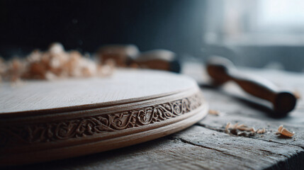 Artisan woodworking ornate wooden plate with intricate carvings, shavings, and tools. Represents craftsmanship, skill, and handmade artistry. Use for design, DIY, or creative concepts.