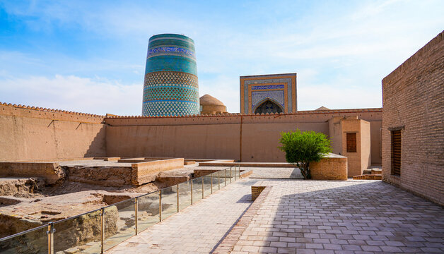 Unfinished Kalta Minor minaret as seen from the Kuhna Ark in Ichan Kala, the Old City of Khiva, Uzbekistan, Central Asia