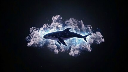 A dark blue whale, speckled with stars, appears to swim through luminous clouds against a black, star-filled background.