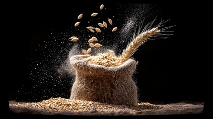 A burlap sack overflowing with wheat grains, with some grains and flour dust suspended in the air, and a wheat stalk peeking out.