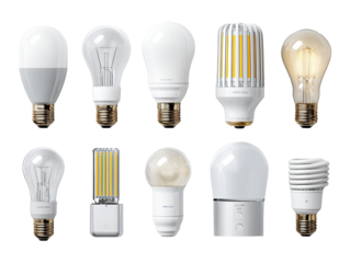 Assorted LED light bulbs in various shapes and sizes.  Different styles of light bulbs for home use
