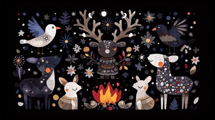 A charming scene featuring stylized deer, rabbits, and birds in a dark, whimsical forest setting with a campfire and decorative elements.
