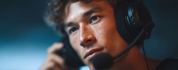 Intense closeup of a young man wearing headphones with a microphone, focused on a screen. Conveys concentration, online gaming, streaming, or remote communication.