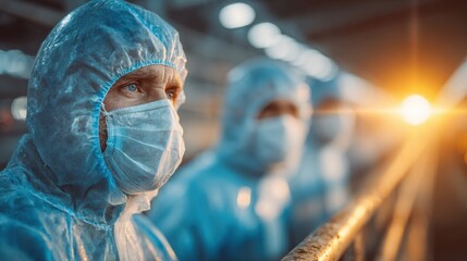 Group of people in blue protective suits and face masks standing inside a facility with dramatic sunlight, illustrating infection control and biosecurity