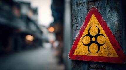 Close up of a yellow biohazard warning sign on a weathered metal surface in an urban setting, symbolizing danger, contamination and toxic environment