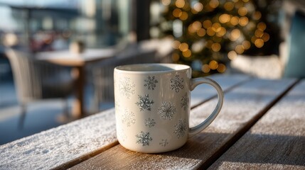 white mug featuring frosty snowflake texture on sweet sugar dust table background