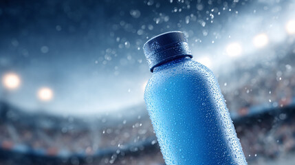 Refreshing blue water bottle glistening with droplets against a blurred stadium background, conveying energy, hydration, and peak performance. Perfect for sports, fitness, or wellness ads.