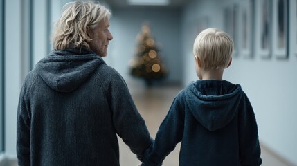 Young couple walks down hallway with family photos toward glowing living room