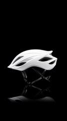 A white bicycle helmet with black straps is displayed against a solid black background, showcasing its aerodynamic design and ventilation.