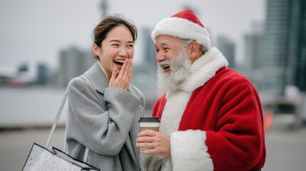 Young professional laughing with Santa on city sidewalk near glass office building