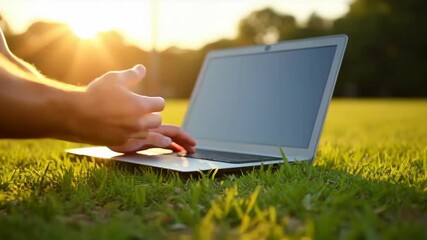 Online football coaching session using laptop on a grassy field with a football in the foreground during a sunny day
- Powered by Adobe