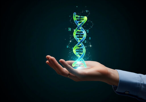 Hand holding a glowing DNA helix structure