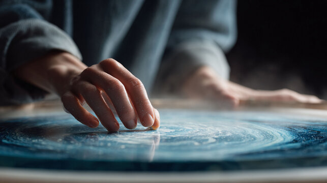 Closeup of hands delicately touching a swirling blue and white surface. Evokes creativity, craftsmanship, art, and exploration. Suitable for design and innovation concepts.