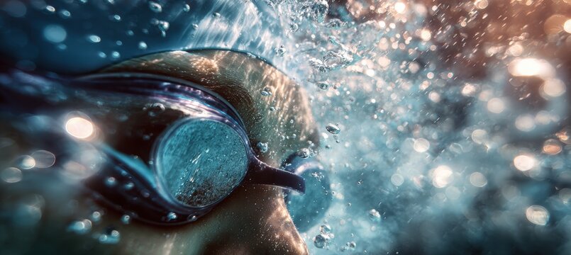 Close-Up of Swimmer's Goggles and Bubbles Underwater in Elegant Lighting